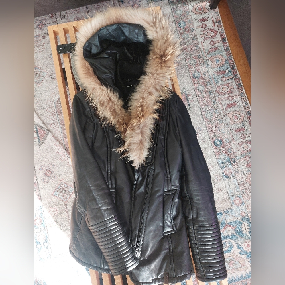 Women's Black Genuine Leather And Fur Hooded  Rudsak Jacket Size S